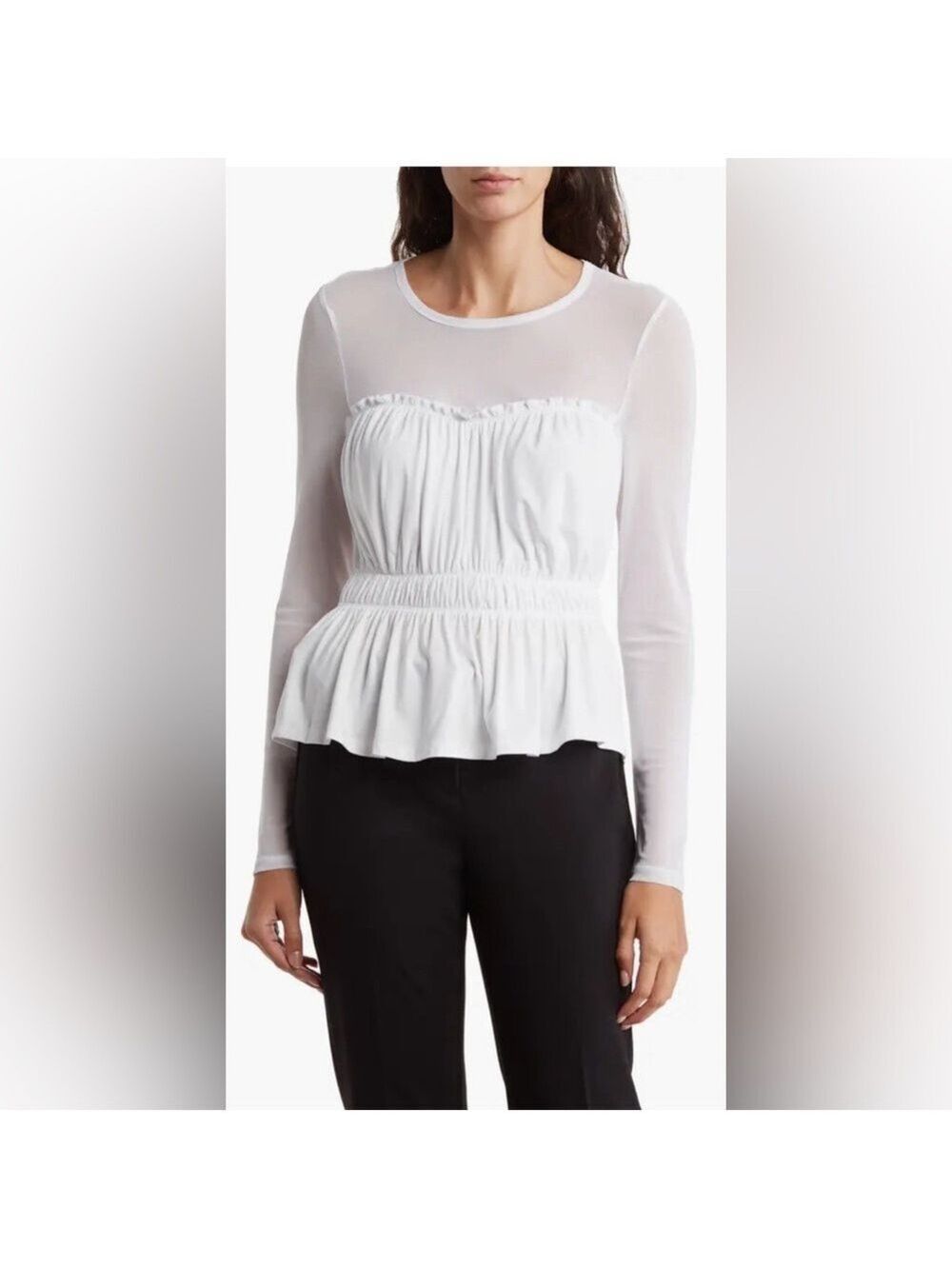 BCBG NWT Mixed Media Sheer and Opaque White Peplum Top Sz Extra Small $78